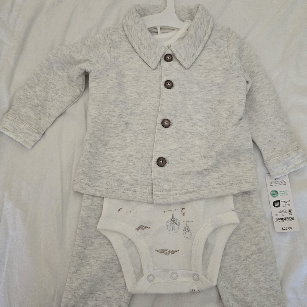 Gray Baby Outfit Set with Brown Buttons